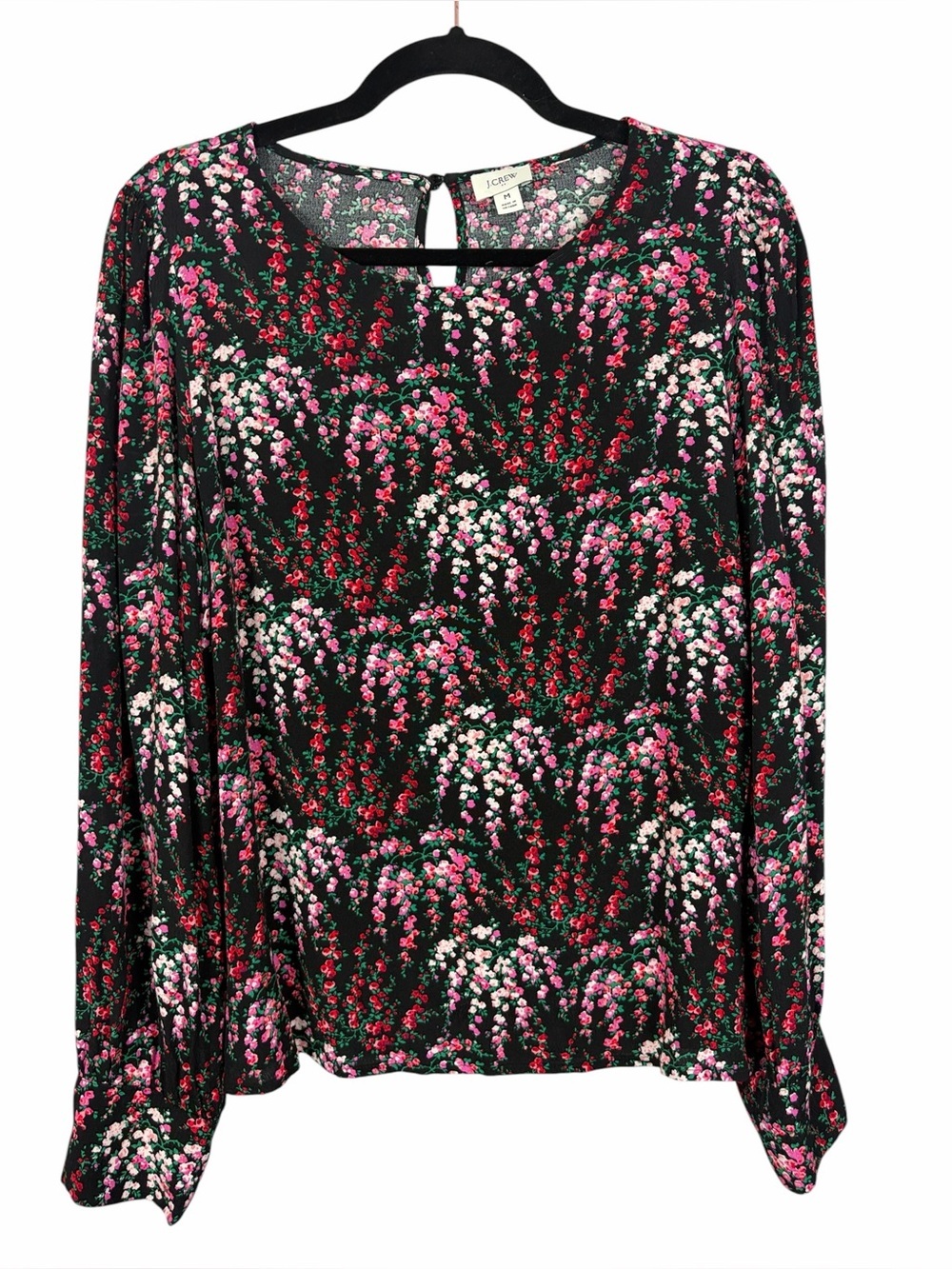 J.Crew Black Floral Long Sleeve Blouse 100% Viscose Balloon Sleeve Size Medium
